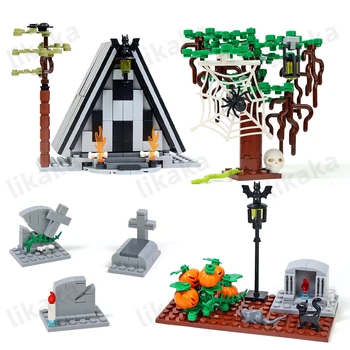 Триъгълна къща на Ужасите за Хелоуин градивните елементи на MOC Тиква Надгробная печка Прилеп Улично Осветление Старо Дърво Блокове Играчки за деца Подаръци