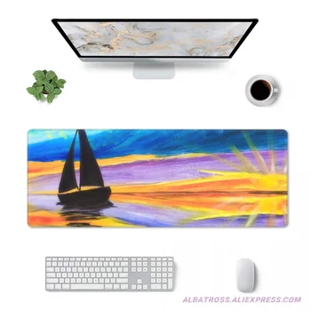 Геймърска подложка за мишка Sailboat Sea Sunset в художествен стил с гумени прошитыми ръбове 31,5 