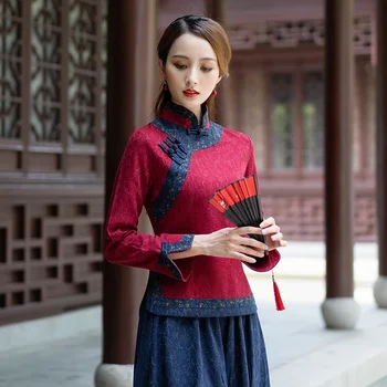 Женски костюм в традиционен китайски стил, елегантен тъмно сини блузи и поли, бельо национален ретро комплект от 2 теми, женски комплект FF3043