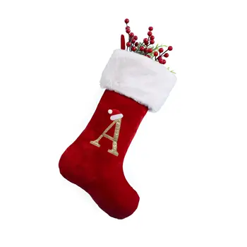 Коледни чорапи, 50 см, червено кадифе, бяла плюшен маншет, че Коледен чорап, класически чорапи с букви за празничния коледен декор