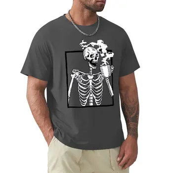 скелет на Хелоуин, пие кафе, забавна тениска за момчета, риза с домашен любимец принтом, спортни ризи, блуза, прости черни тениски за мъже