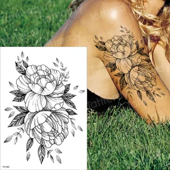 татуировка и боди арт, дамски лятна татуировка устойчиви временни татуировки стикер цвете божур черна татуировка ръкави ръка татуировка на водата