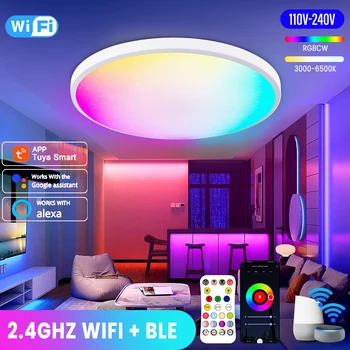 WIFI Интелигентен led кръг на тавана лампа RGB с регулируема яркост, приложение на Hristo, съвместимо с Google Home, разсеяна светлина за спални, хол.