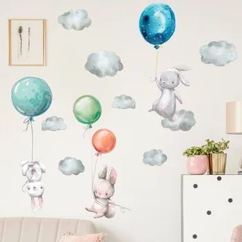 3D стикери за стени, детски стаи, стикери за стена с мультяшными животни за детски стаи, декоративни стикери за стена с въздушен топка и заек за по-големите деца