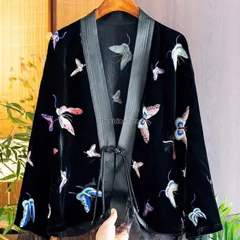 2023 бархатное палта, дамски есенна новост, китайски стил, реколта бродерия на пеперуда, дантелен топ в стил мозайка, костюм в стил ретро, блуза с v-образно деколте