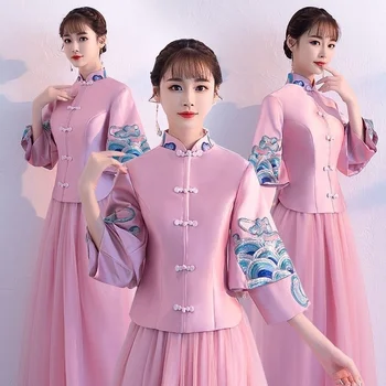 Облечи шаферките в китайски стил, Пролет-есен, Нова рокля Xiuhe Cheongsams, Розово Ципао-Дълга, Официална сватбена рокля Hanfu за жени