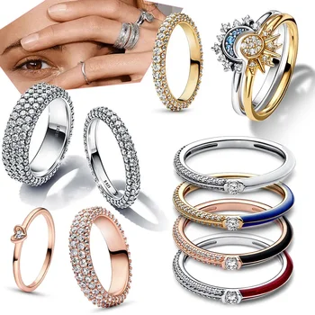 Пенливи пръстен с червено сърце, сребро 925 проба, е подходящ за жени, модно дамско пръстен със Слънце, Луна, звезда, празнични сватбени подаръци