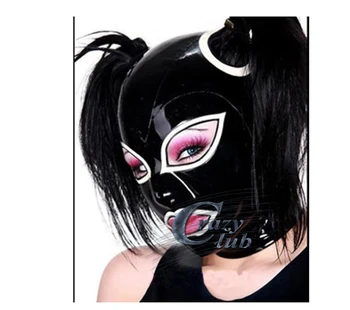 Модерен е черно-бял латексный качулка, фетишистская гумена маска, през дупки за коса, услугата за избор на размер